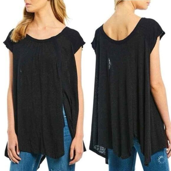 Free People Keep It Casual Front Slit Flowy Black T-shirt Size Small - Picture 1 of 8